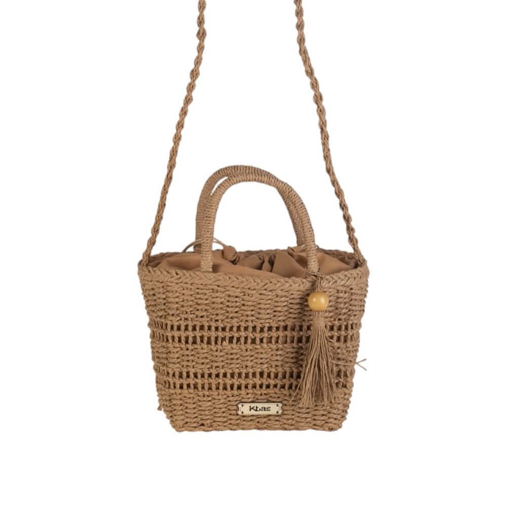 Bandolera Tote pequeño cierre saco fibra natural Kbas Tostado