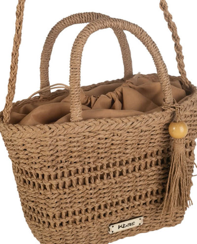 Bandolera Tote pequeño cierre saco fibra natural Kbas Tostado