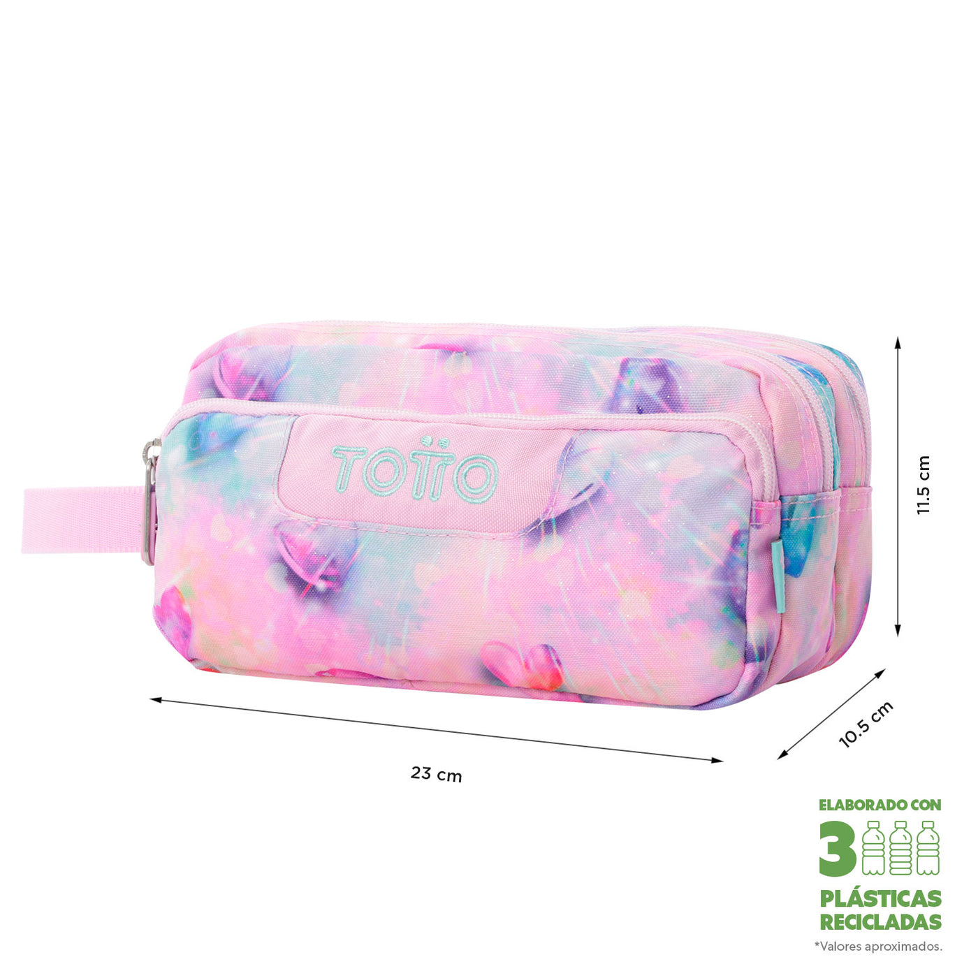 Estuche escolar eco-friendly tres compartimentos Totto Agapec Glitter - Shiny Heart