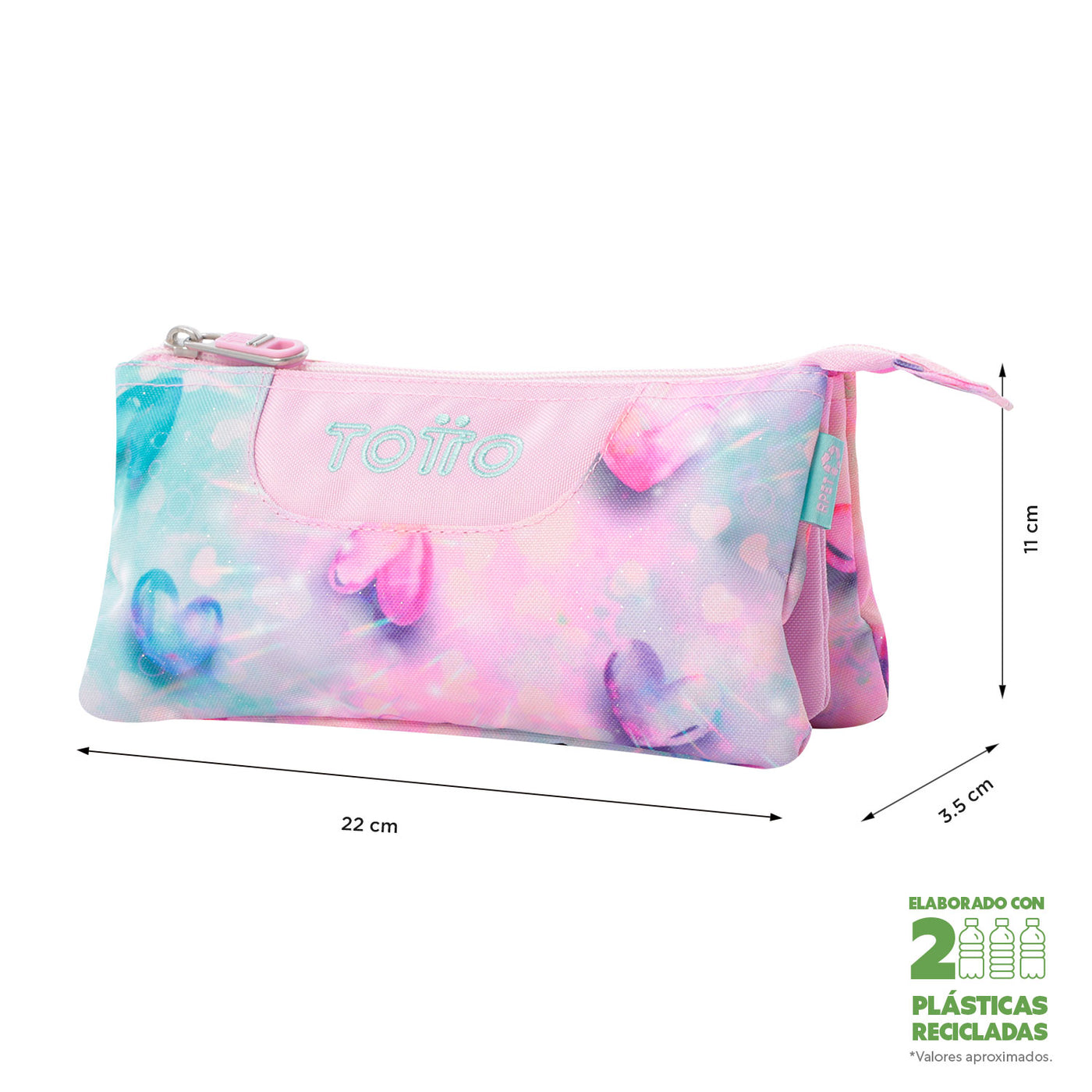Estuche escolar eco-friendly tres compartimentos Totto Tablero Glitter - Shiny Heart