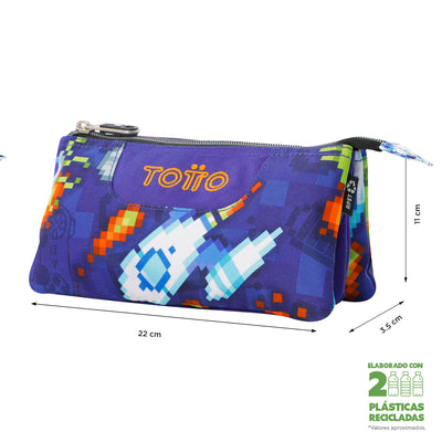 Estuche escolar eco-friendly tres compartimentos Totto Tablero - Space Blue