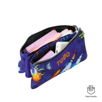 Estuche escolar eco-friendly tres compartimentos Totto Tablero - Space Blue