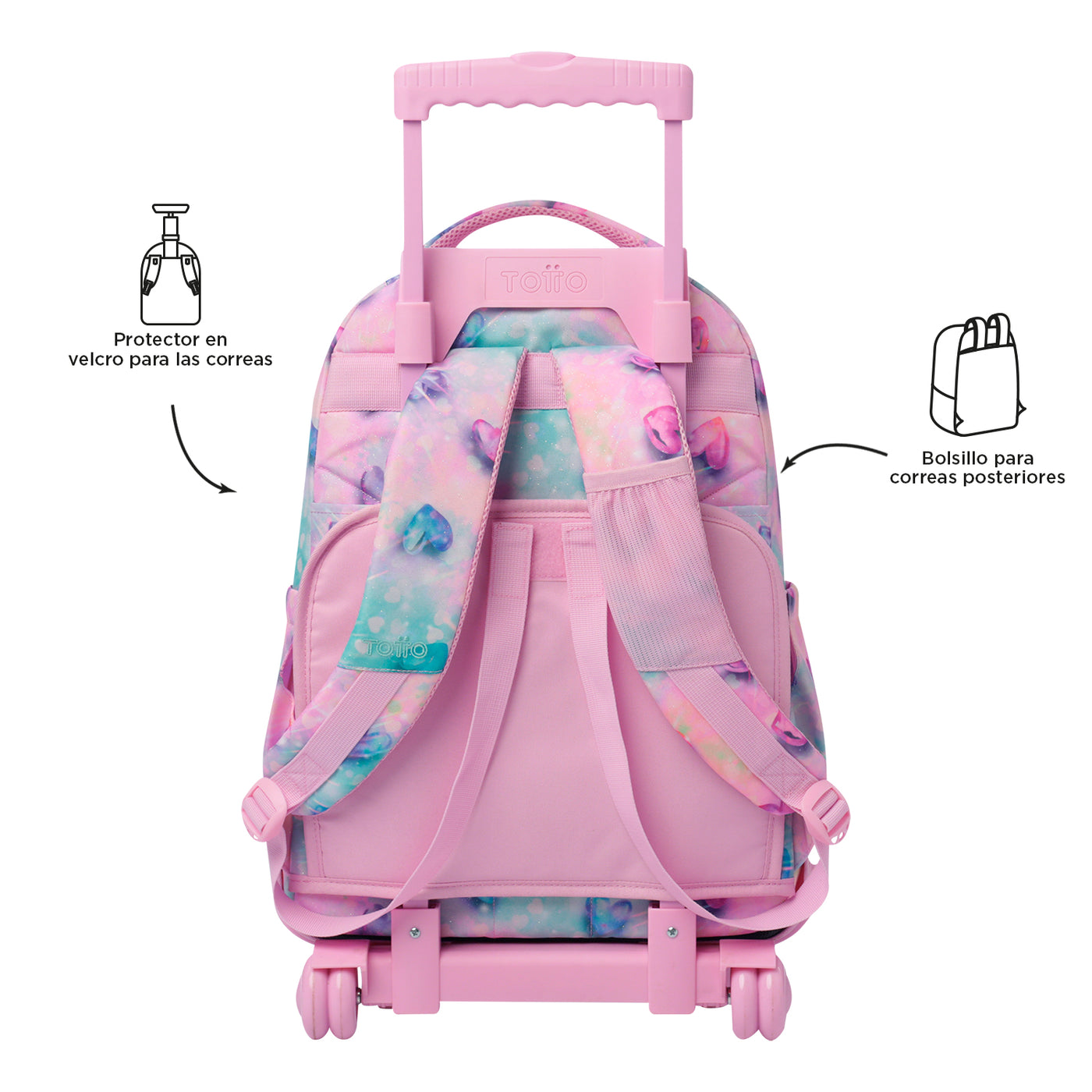 Mochila escolar con ruedas Totto Renglones Glitter - Shiny Heart