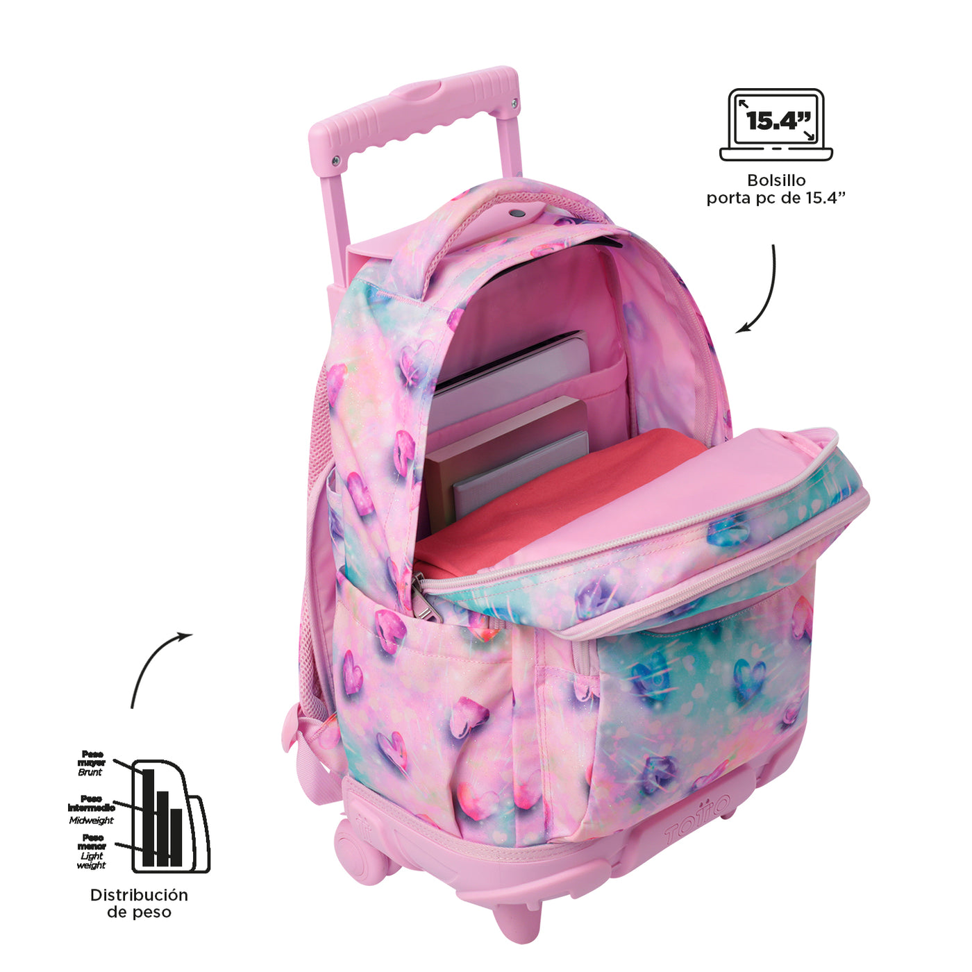 Mochila escolar con ruedas Totto Renglones Glitter - Shiny Heart