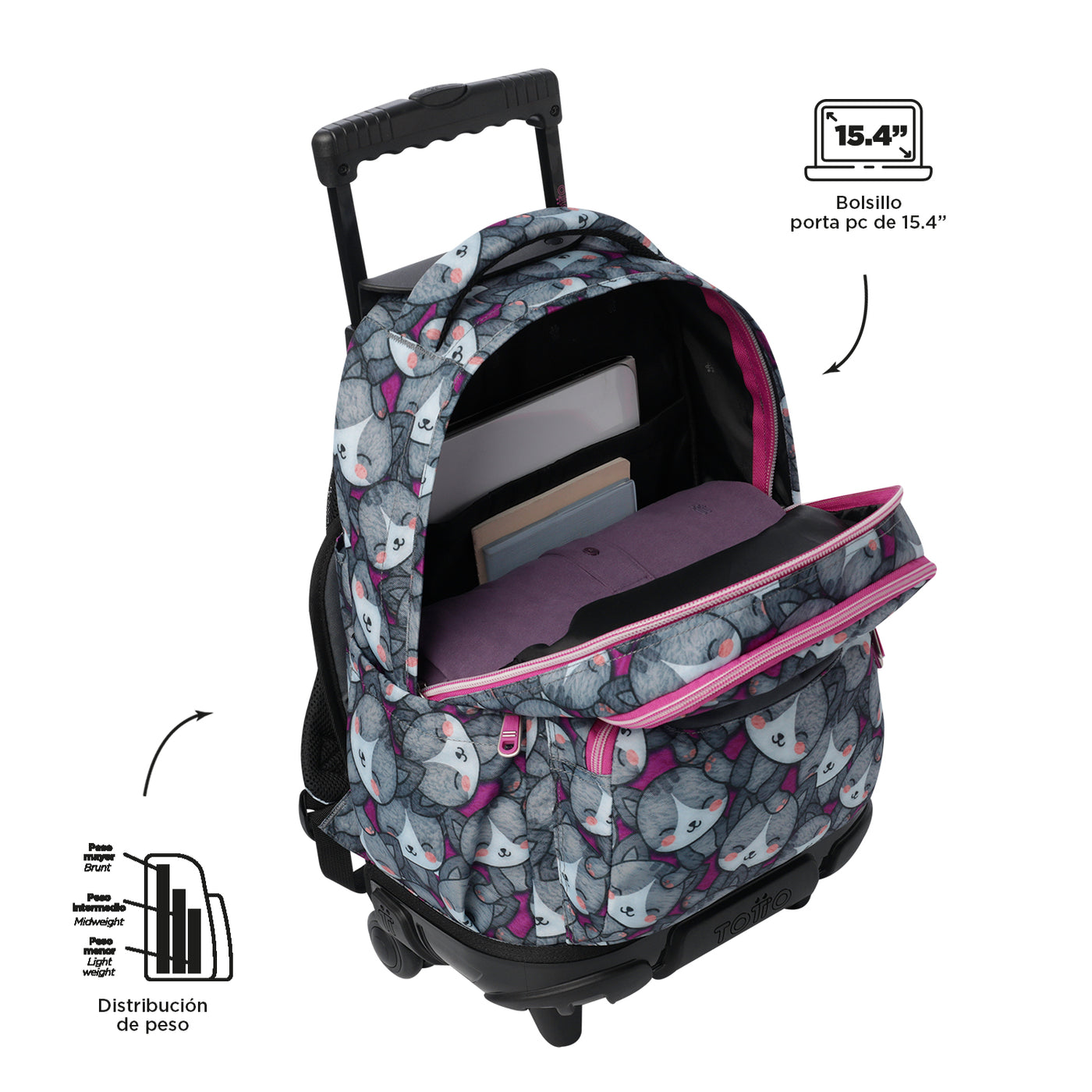 Mochila escolar con ruedas Totto Renglones - Kitten Rose