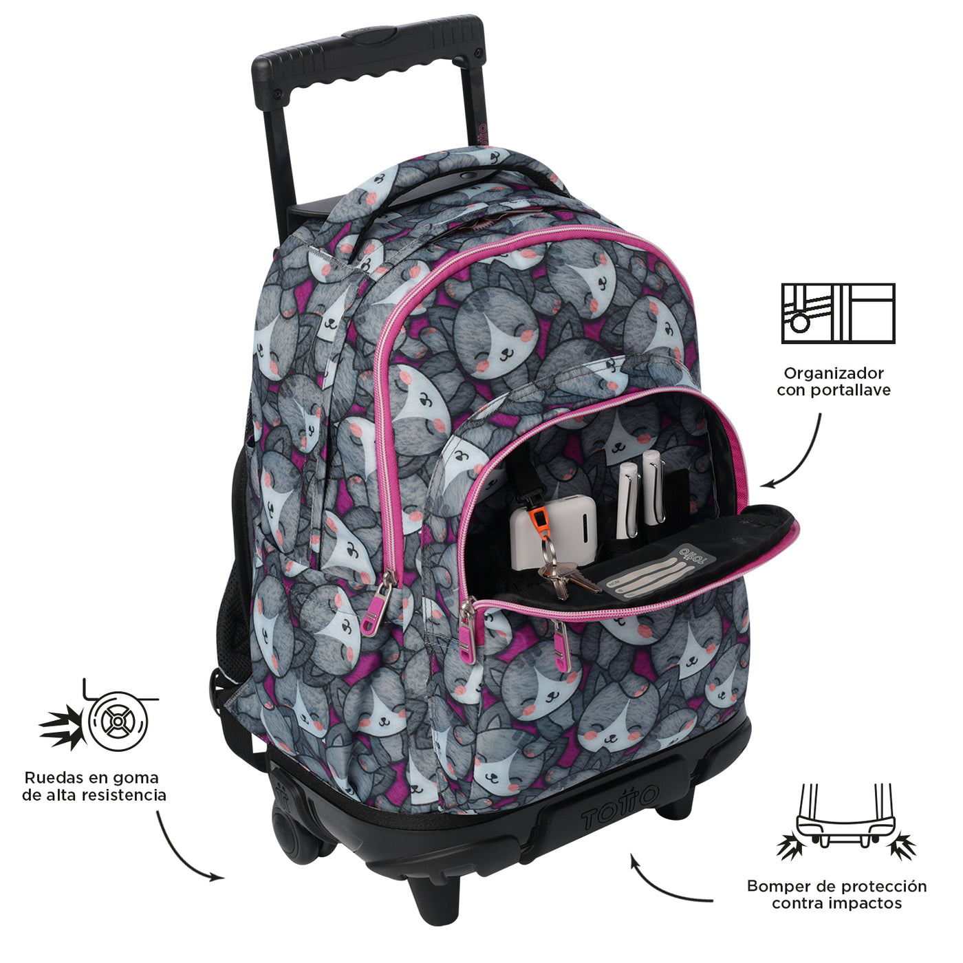 Mochila escolar con ruedas Totto Renglones - Kitten Rose