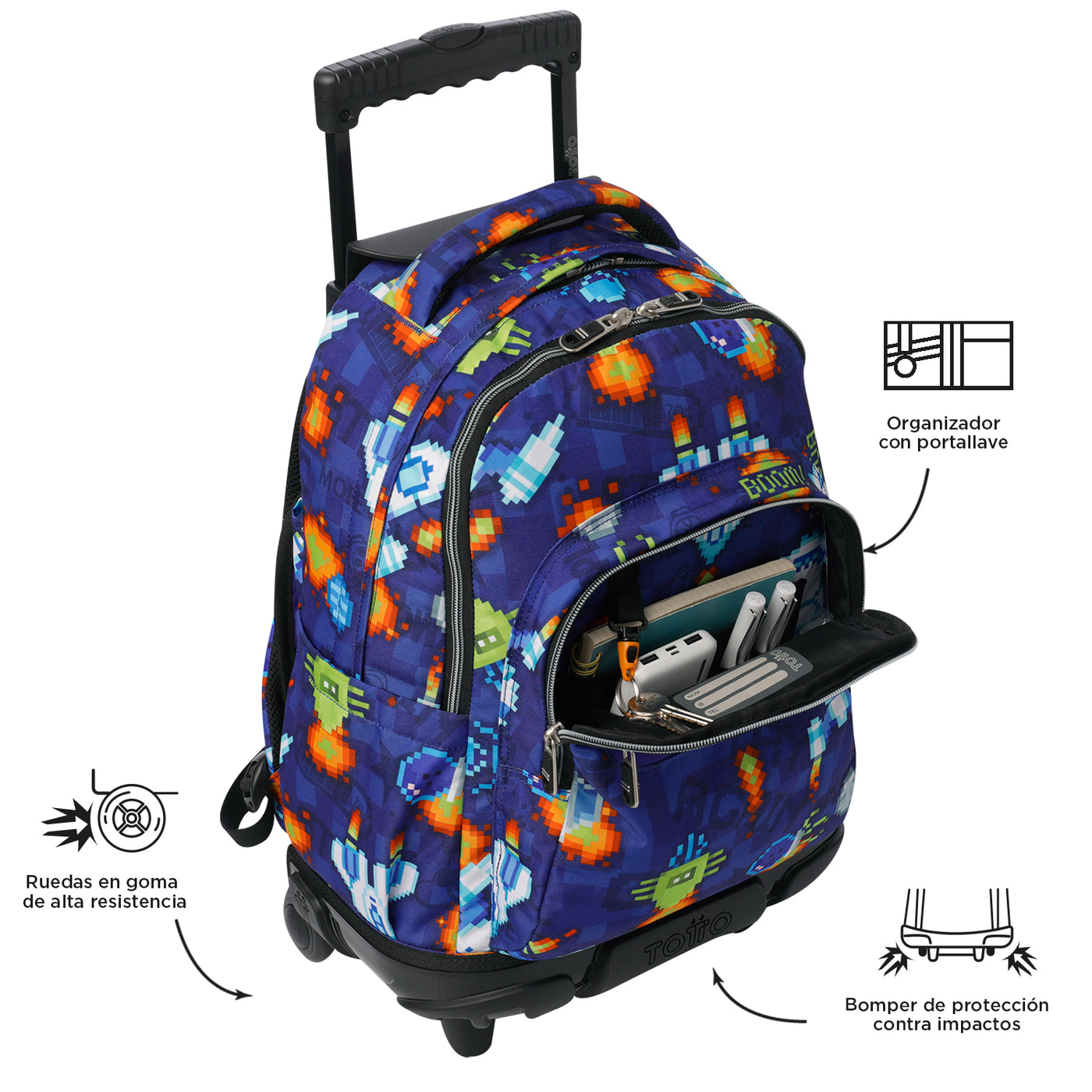 Mochila escolar con ruedas Totto Renglones - Space Blue