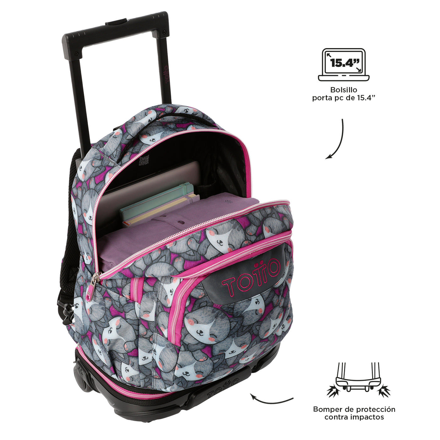 Mochila escolar ruedas desmontable Totto Tiza - Kitten Rose