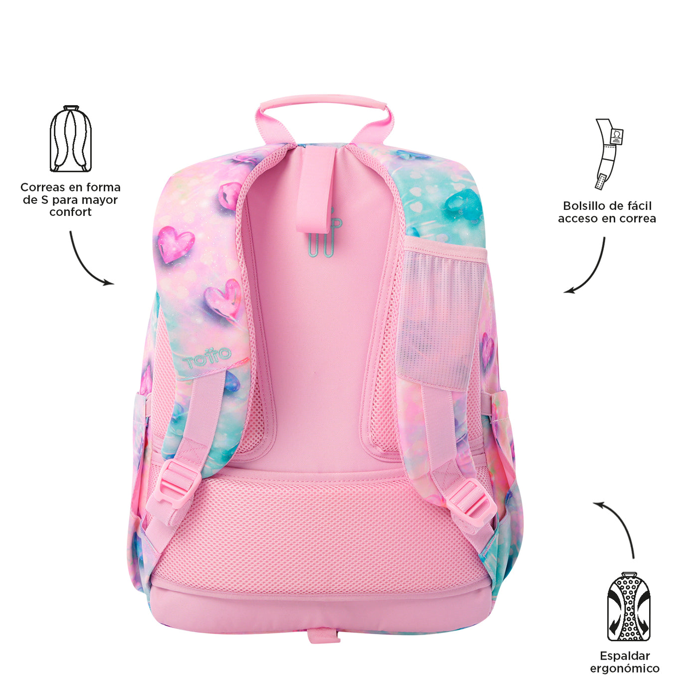 Mochila escolar adaptable a carro Totto Acuareles Glitter - Shiny Heart