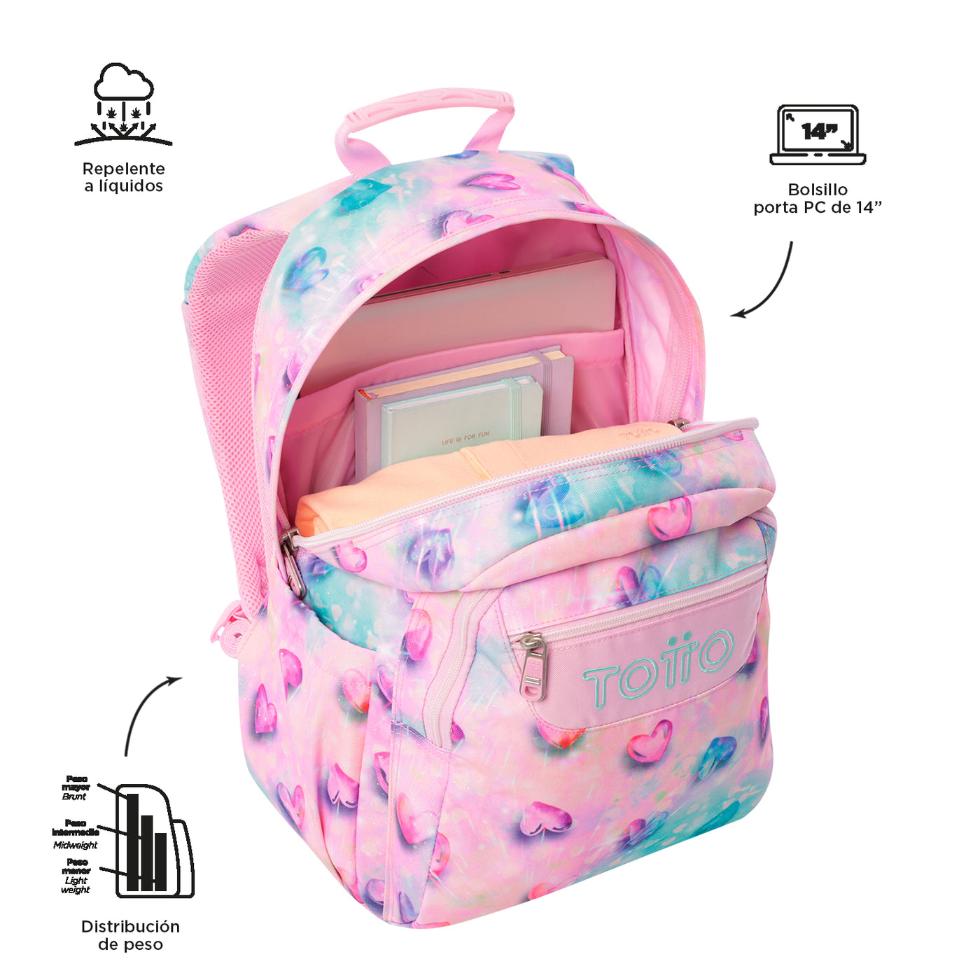 Mochila escolar adaptable a carro Totto Acuareles Glitter - Shiny Heart