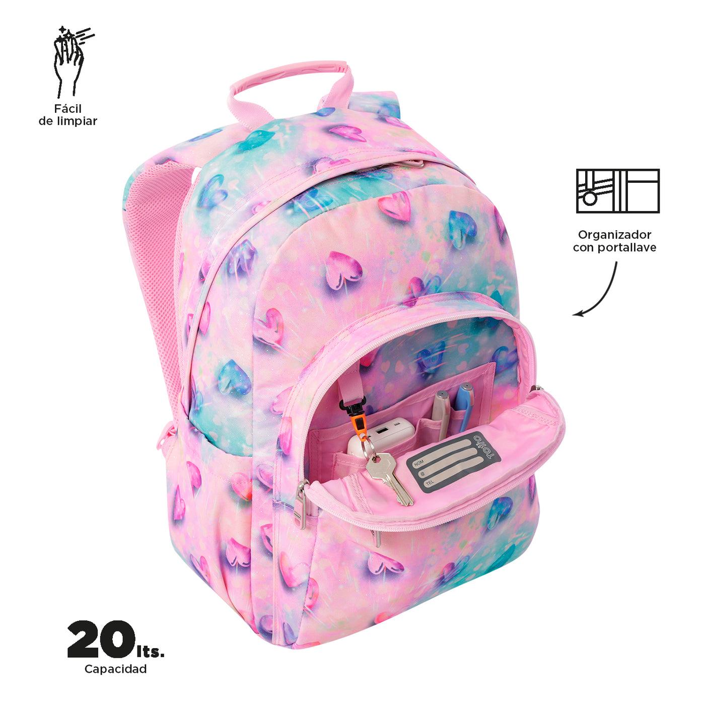 Mochila escolar adaptable a carro Totto Acuareles Glitter - Shiny Heart