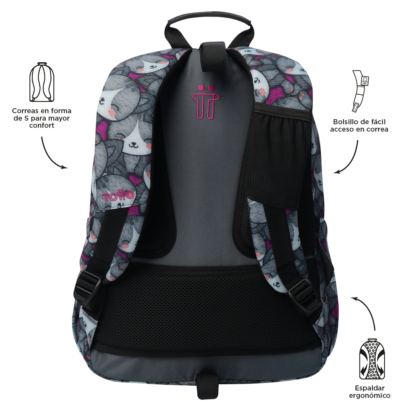 Mochila escolar adaptable a carro Totto Acuareles - Kitten Rose