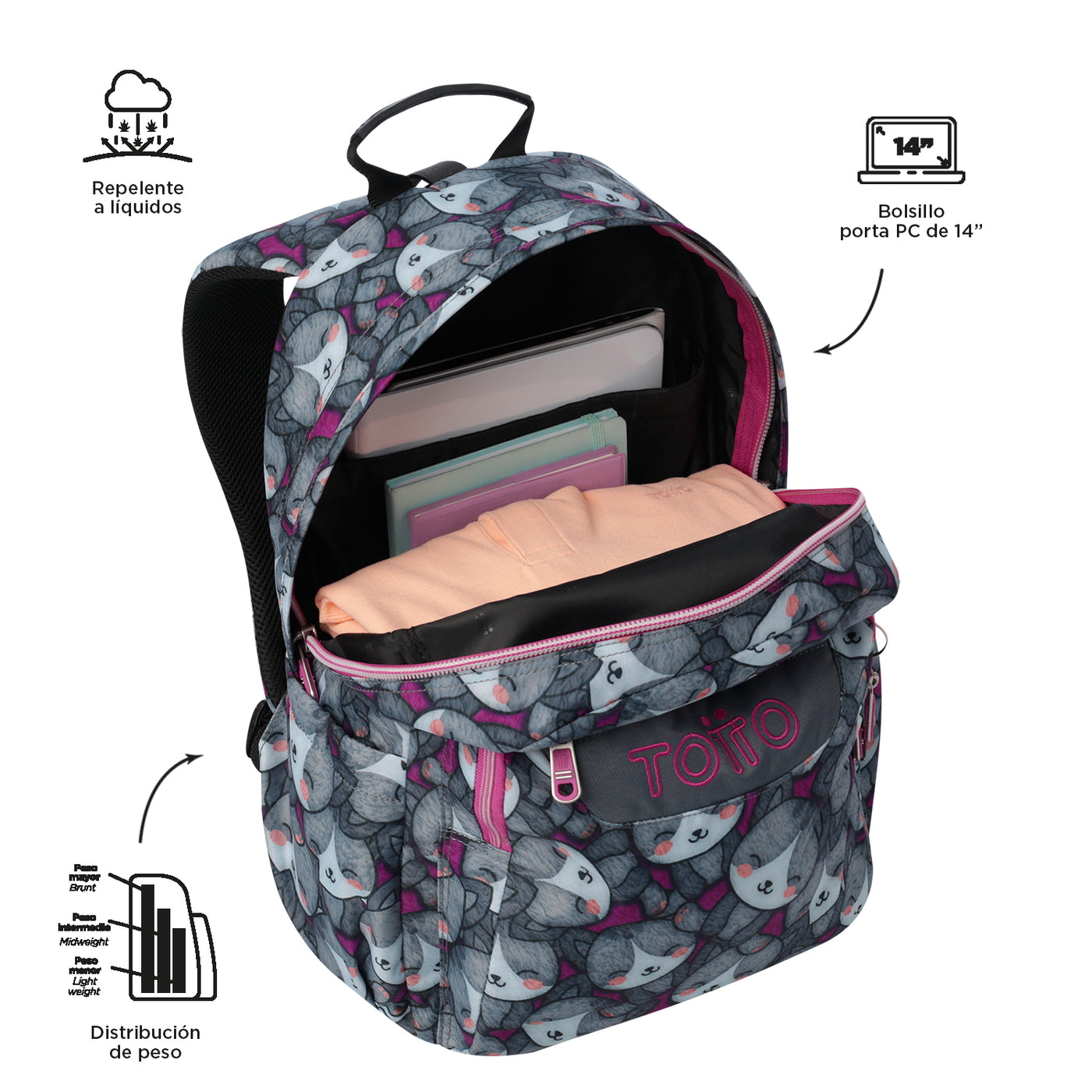 Mochila escolar adaptable a carro Totto Acuareles - Kitten Rose