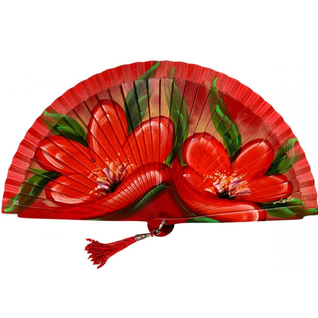 Abanico de madera de 21cm pintado a mano Aire Distinto "flores rojo"