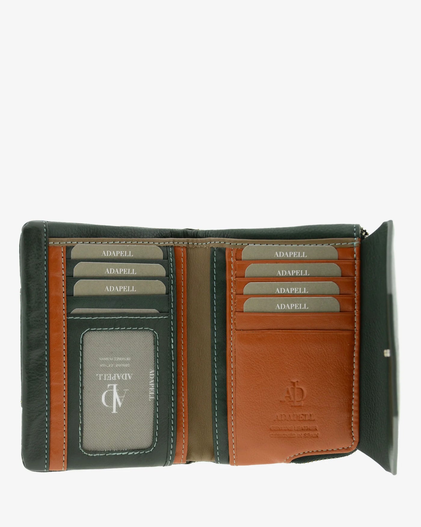 Billetero de Piel solapa (14 X 9cm) monedero de cremallera Adapell Lettera Verde