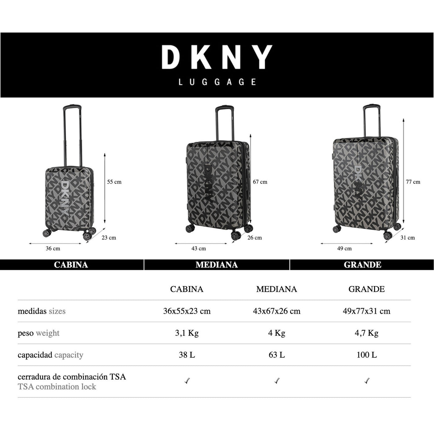 Juego de 3 Maletas Cabina, Mediana y Grande DKNY - 3100 Step & Repeat